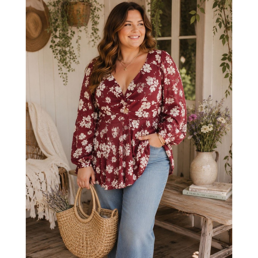 Francesca's XL Floral Long Sleeve Cutout Ruffle Hem Tunic Top Boho Cottagecore